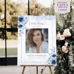 May include: A memorial sign on an easel, featuring a photo of a woman. The sign has a blue floral design and the text "Celebrating the Life of Megan Anderson" with dates. The sign is a Canva template with 6 sizes.