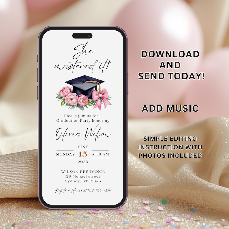 Virtual Ceremony Announcement Digital Invitation Template Masters Graduation Celebration Canva Design Animated Format Customizable Details Graduate Achievement Recognition Academic Success Party Invite Editable Content Online Sharing