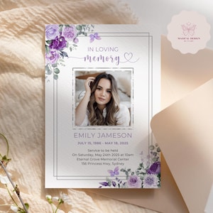 Purple Butterfly Funeral Invitation Template, Purple Roses Memorial Announcement Card, Editable Floral Celebration of life Invite Canva F028
