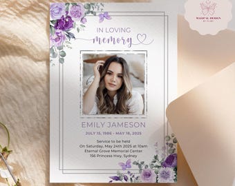 Purple Butterfly Funeral Invitation Template, Purple Roses Memorial Announcement Card, Editable Floral Celebration of life Invite Canva F028