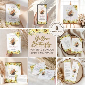 May include: A collection of eight funeral templates with a yellow butterfly theme. The templates include invitations, memorial cards, and thank you notes, all featuring a photo and floral design with sunflowers.