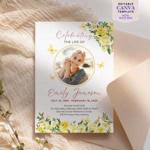 Butterfly Funeral Template Celebration Life Memorial Invitation Announcement Card Design Yellow Rose Service Program Editable Canva Digital