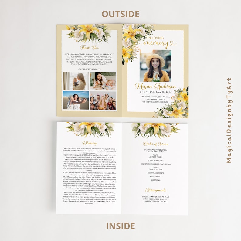 Yellow Flowers Funeral Program Template, Lily 4 Page Obituary Template