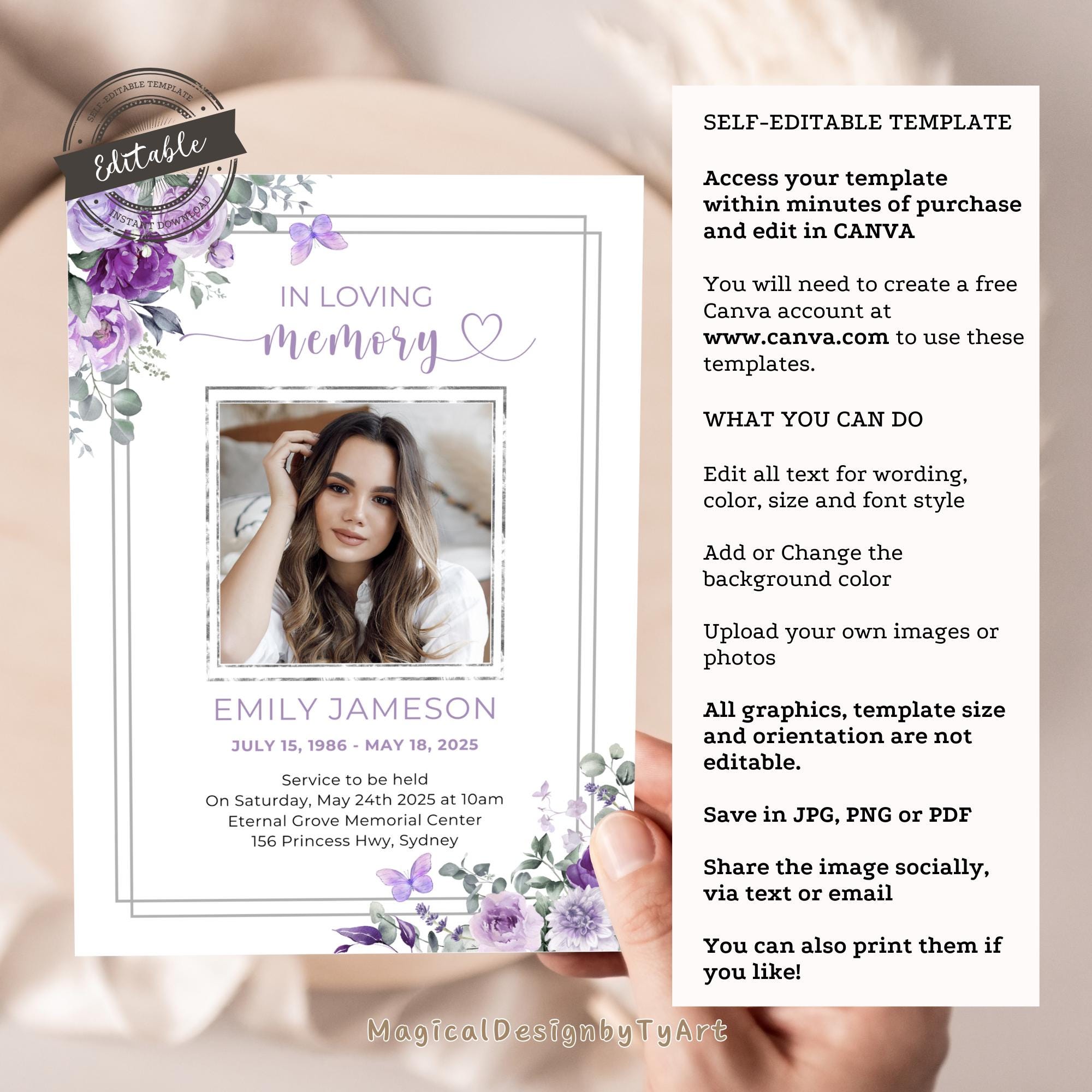 Purple Butterfly Funeral Invitation Template, Purple Roses Memorial ...