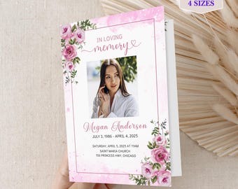 Funeral Program Template Pink Roses Floral Design Memorial Service Celebration Life Tribute Digital Download Editable Obituary Canva Elegant