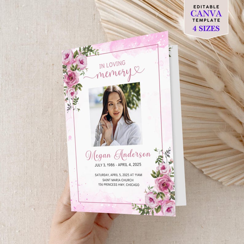 Funeral Program Template Pink Roses Floral Design Memorial Service Program Celebration Life Tribute Digital Download Editable Format Canva Template Elegant Memorial Booklet Customizable Layout Multiple Sizes Available Professional Design