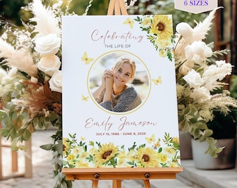 Funeral Welcome Template Editable Memorial Service Sign Display Poster Printable Design Butterfly Sunflower Decoration Ceremony Entrance