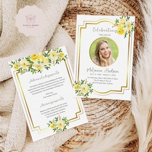 Double Sided Funeral Program Template, Editable Yellow Floral Memorial Program, One Page Celebration of Life Obituary Card Canva Design F006
