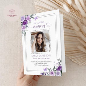 Purple Butterfly Funeral Program, Editable Obituary Template with butterflies,  Celebration of Life Brochure, Memorial Service, Canva F028