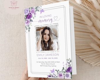 Purple Butterfly Funeral Program Template: Editable Memorial Obituary (Canva, 4 page, Digital Download) F028