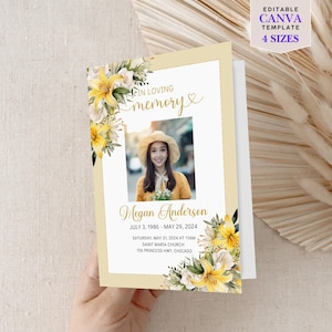 May include: A memorial card featuring a photograph of a woman, adorned with yellow and white floral designs. The text reads "In Loving Memory" and includes the name "Megan Anderson", dates, and location details. The card is a Canva template with four sizes.