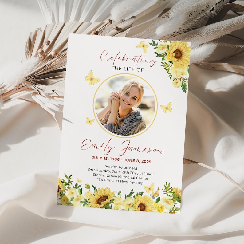 Sunflower Funeral Announcement Template Editable Canva Digital Download ...