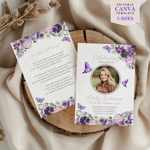 Funeral Prayer Card Template Design Butterfly Memorial Service Program Editable Canva Celebration Life Tribute Obituary Purple Remembrance