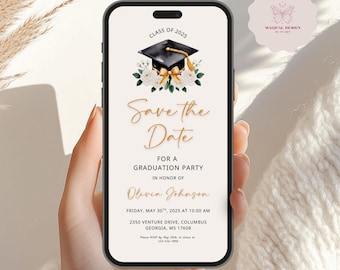 Animated Graduation Save the Date Invitation: Editable Cap Design (Canva Template, Digital Download) G010