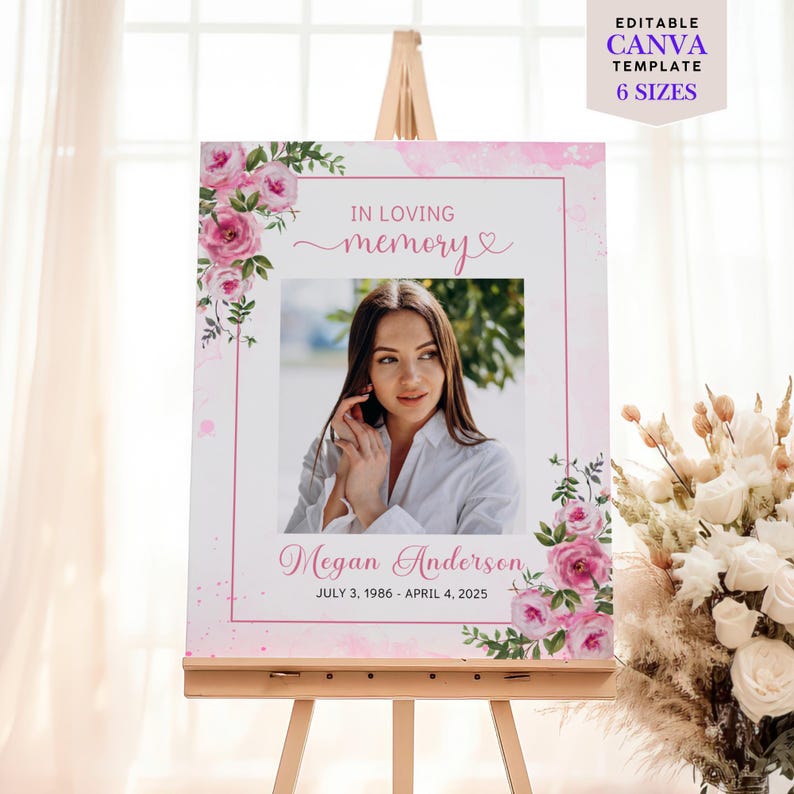 Funeral Welcome Sign Memorial Service Display Celebration Life Remembrance Board Entrance Decoration Loving Memory Tribute Editable Canva Template Digital Download Pink Rose Floral Design Customizable Photo Frame Text Personalization