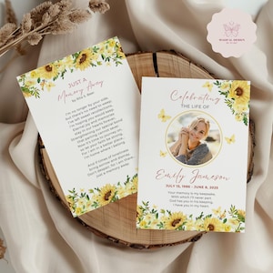 Yellow Butterfly Funeral Prayer Card, Editable Memorial Keepsake Template, Sunflower Celebration of Life Cards, Double Sided Obituary F029