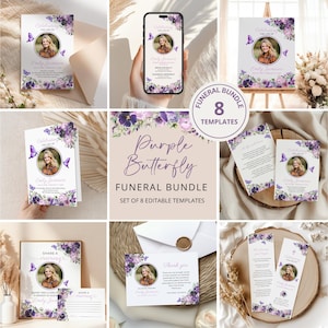 May include: A collection of eight editable funeral templates with a purple butterfly theme. The templates include invitations, memorial cards, and thank you notes. The design features a photo of a woman, floral accents, and butterfly illustrations.