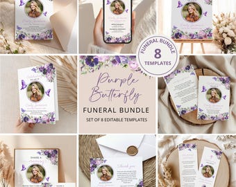 Butterfly Funeral Template Bundle Digital Memorial Kit Celebration Life Printable Program Editable Card Remembrance Service Collection F21