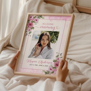 Memorial Service Display Funeral Welcome Sign Celebration Life Remembrance Board Entrance Decoration Loving Memory Tribute Digital Download Template Editable Canva Design Pink Rose Floral Pattern Customizable Photo Area Text Personalization