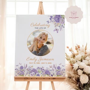 Lilac Butterfly Funeral Poster, Editable Celebration of Life Welcome Sign, Purple Flowers Memorial Sign In Loving Memory Canva Template F027