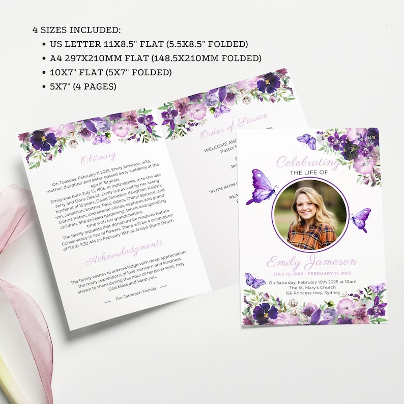 Purple Butterfly Funeral Program Template Digital Memorial Service Booklet Celebration Life Remembrance Card Obituary Editable Canva Design imagen 6