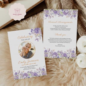 Double Sided Funeral Program Template, One Page Celebration of Life Obituary, Editable Lilac Butterfly Memorial Card, Canva Design F027
