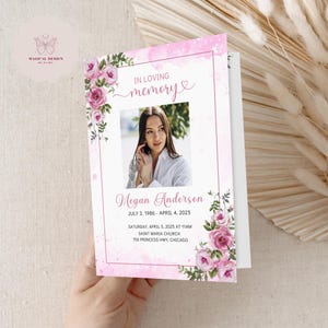Pink Funeral Program Template, Editable Obituary, Pink Roses Celebration of Life, Customizable Memorial Program, Floral Canva Design F025