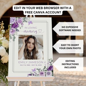 Purple Butterfly Funeral Welcome Sign, Editable Celebration of Life Poster, Memorial Photo Display, Floral Photo Board Canva Template F028 bild 4