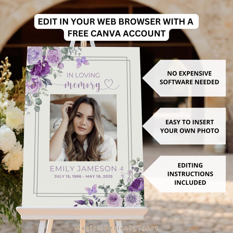 Purple Butterfly Funeral Welcome Sign, Editable Celebration of Life Poster, Memorial Photo Display, Floral Photo Board Canva Template F028 bild 4