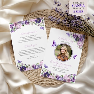 Purple Butterfly Funeral Program Template Canva Editable Memorial Card Celebration Life Service Digital Design Floral Tribute Ceremony