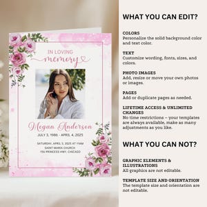 Funeral Program Template Pink Roses Floral Design Memorial Service Celebration Life Tribute Digital Download Editable Obituary Canva Elegant image 7