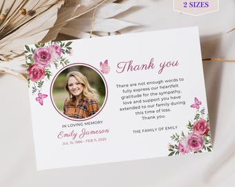 Funeral Thank Card Template Design Editable Canva Digital Download Bereavement Stationery Pink Butterfly Memorial Sympathy Note Celebration