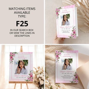 Funeral Program Template Pink Roses Floral Design Memorial Service Celebration Life Tribute Digital Download Editable Obituary Canva Elegant image 11