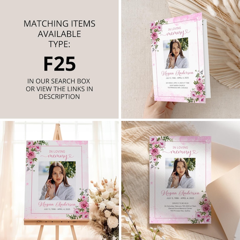 Funeral Program Template Pink Roses Floral Design Memorial Service Celebration Life Tribute Digital Download Editable Obituary Canva Elegant image 11