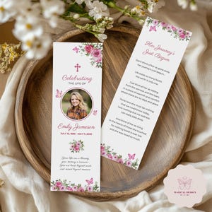 Pink Floral Funeral Bookmark Template, Editable Memorial Keepsake, Butterfly Celebration of Life Card, Funeral Favors, Canva Design F020