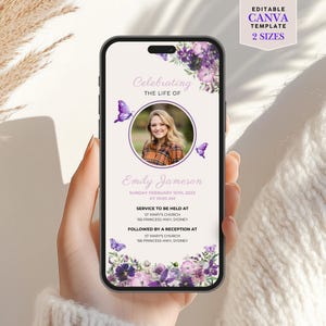 Funeral Announcement Template Digital Download Memorial Service Card Design Canva Program Butterfly Purple Invitation Celebration Life F21