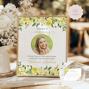 Yellow Roses Funeral Share a Memory Sign, Yellow Floral Memory Card Template, Printable Keepsake for Celebration of Life, Canva Design F006