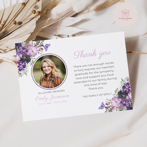 Funeral Thank You Card, Purple Butterfly Sympathy Acknowledgement, Editable Memorial Template, Floral Celebration of Life Canva Design F021