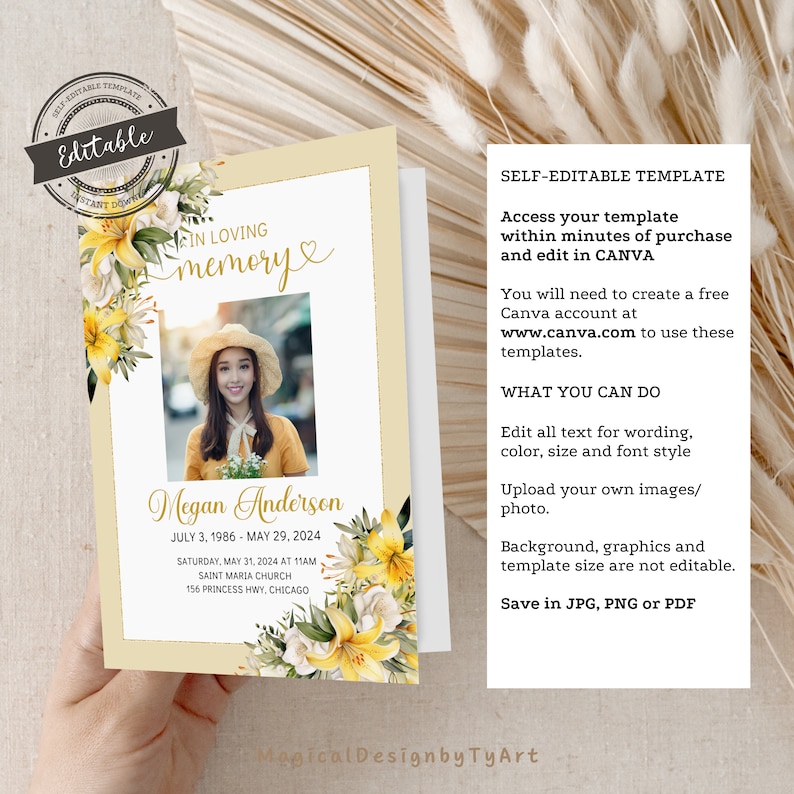 Yellow Flowers Funeral Program Template, Lily 4 Page Obituary Template