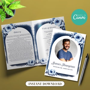 Blue Funeral Program Template, Editable Obituary Template for man, Printable Memorial Service, Celebration of Life Keepsake, Canva F012