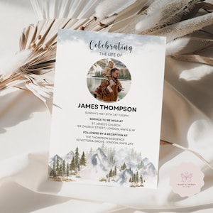 Mountain Funeral Invitation Template: Outdoor Memorial Announcement Card (Editable, Canva, Digital Download) F005