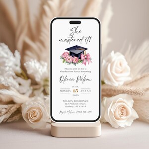 Graduate Celebration Announcement Masters Degree Recognition Digital Invitation Template Canva Design Animated Format Virtual Ceremony Announcement Online Sharing Customizable Details Professional Looking Design Academic Achievement