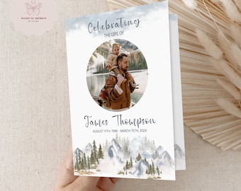 Editable Mountain Funeral Program Template for man, 4 Page Bifold Obituary, Funeral Order of Service for Hiker, Celebration of Life F005