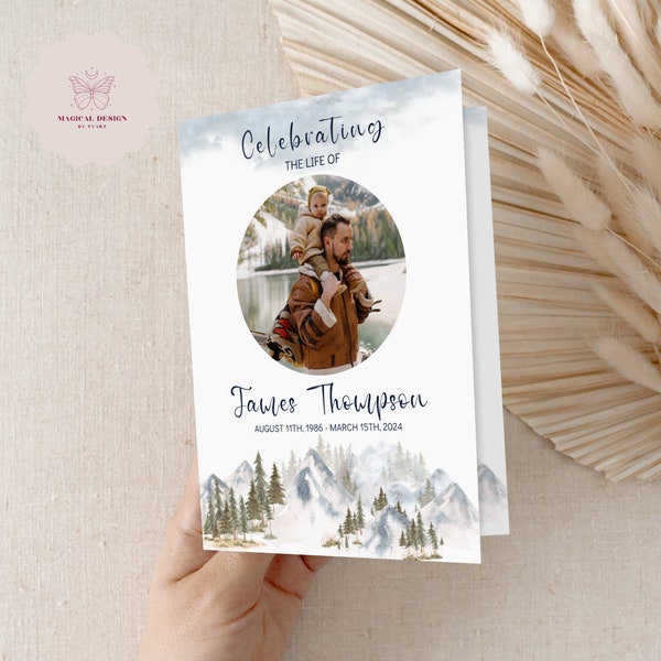 Editable Mountain Funeral Program Template for man, 4 Page Bifold Obituary, Funeral Order of Service for Hiker, Celebration of Life F005