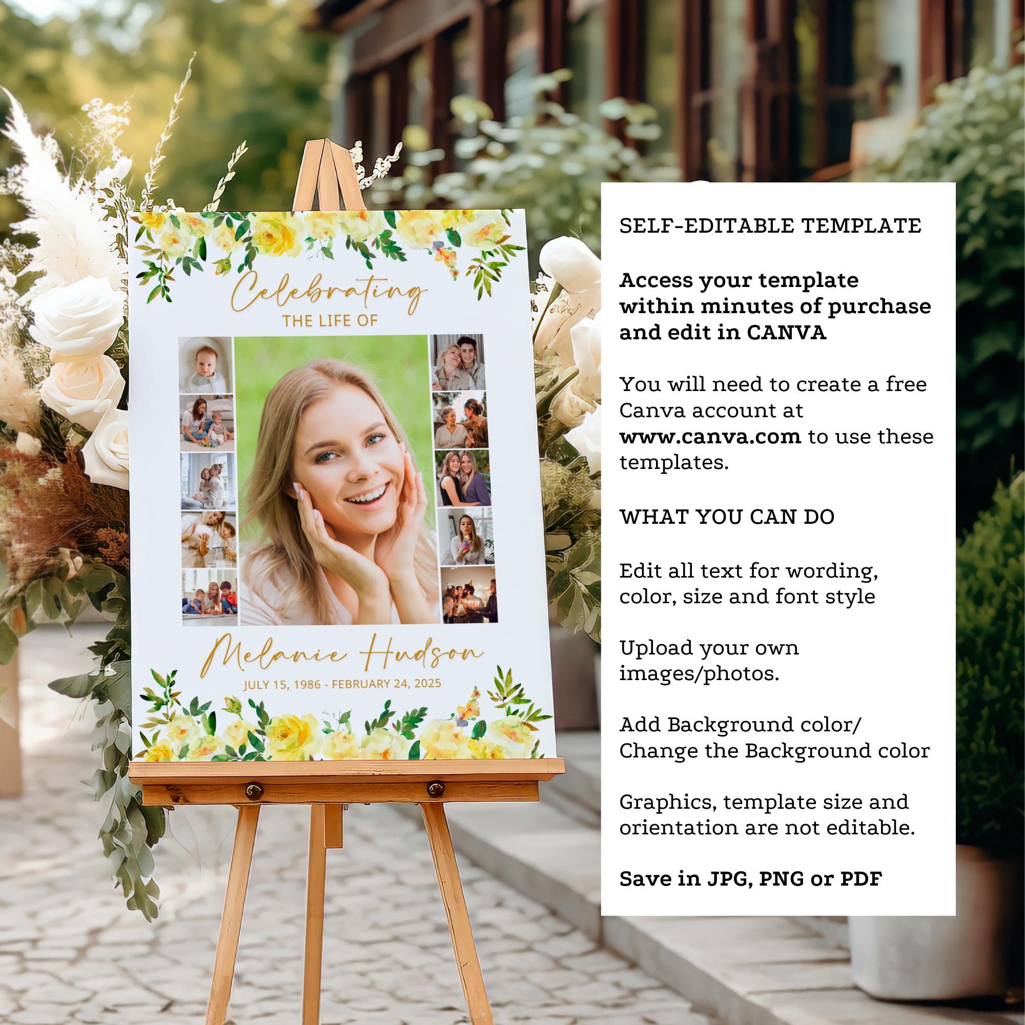 Yellow Roses Funeral Vector Yellow Roses Funeral Poster: Editable Memorial Photo Collage (canva ...