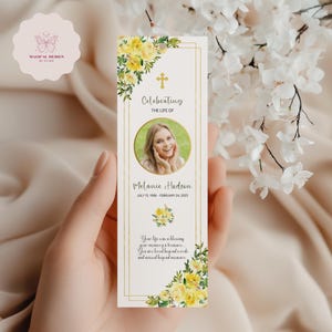 Funeral Bookmark Template with yellow roses, Printable Memorial Keepsake, Editable Celebration of Life Card, Floral Custom Design Canva F006