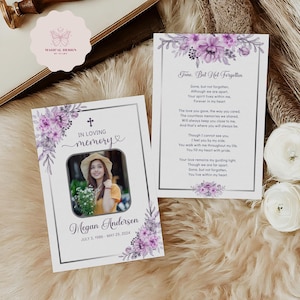 Editable Funeral Prayer Card Template for mother, Purple Flower In loving memory template, Double Sided Obituary Card for women  Canva F008