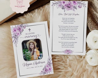 Editable Funeral Prayer Card Template for mother, Purple Flower In loving memory template, Double Sided Obituary Card for women  Canva F008