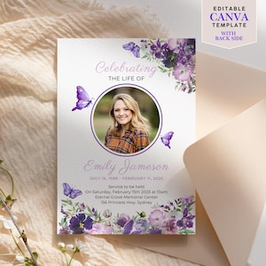 Funeral Announcement Template Butterfly Design Purple Flowers Memorial Service Celebration Life Remembrance Ceremony Invitation Digital Card
