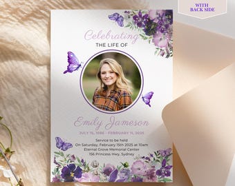 Funeral Announcement Template Butterfly Design Purple Flowers Memorial Service Celebration Life Remembrance Ceremony Invitation Digital Card